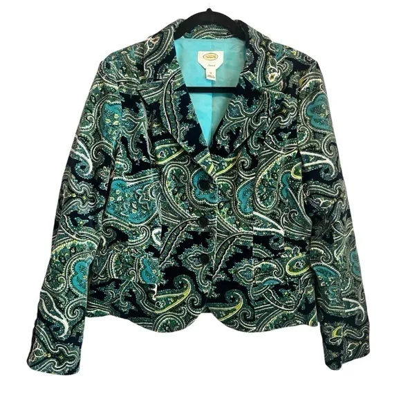 Talbots Paisley Floral Velvet Stretch Blazer Jacket Size 10 Green Blue Teal - Image 2