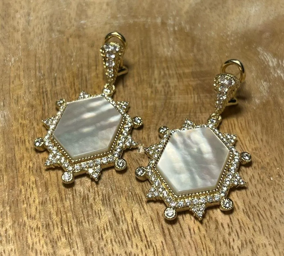 14K Sterling Silver Clad Diamonique & Mother of Pearl Earrings RARE - Image 5