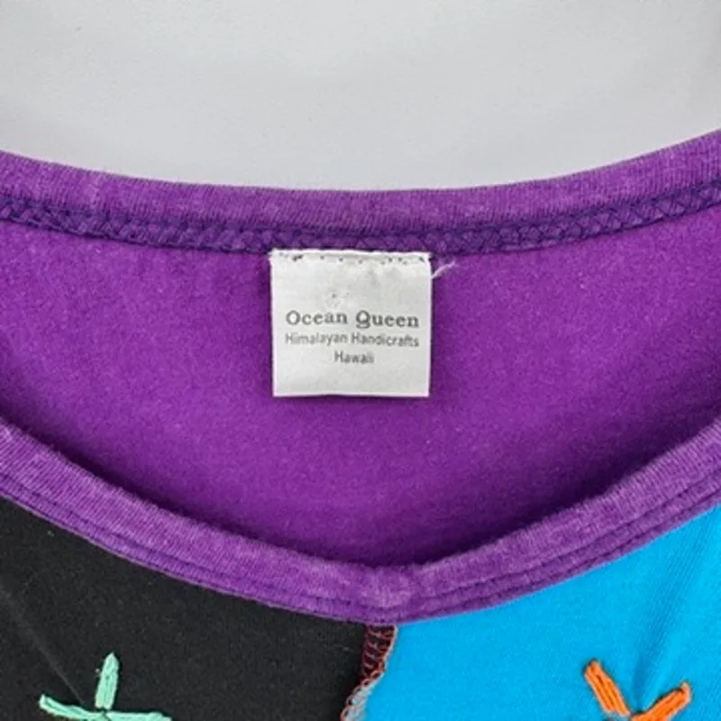 Vintage Y2K‎ Ocean Queen Patchwork Hippie Festival Top Womens XL Cotton Purple - Image 4