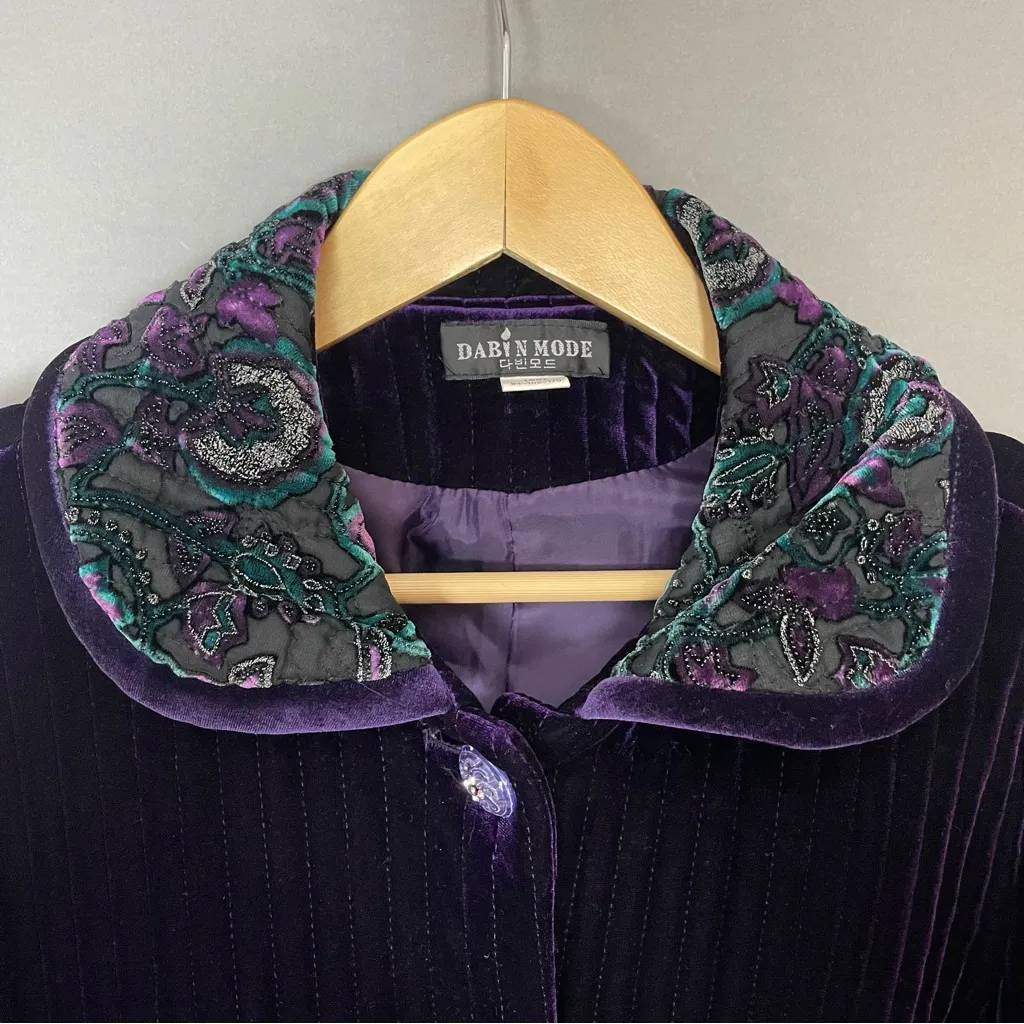 Velvet Jacket Women Detailed Trim Rounded Collar Pockets‎ Quilted Royal Purple - Image 8