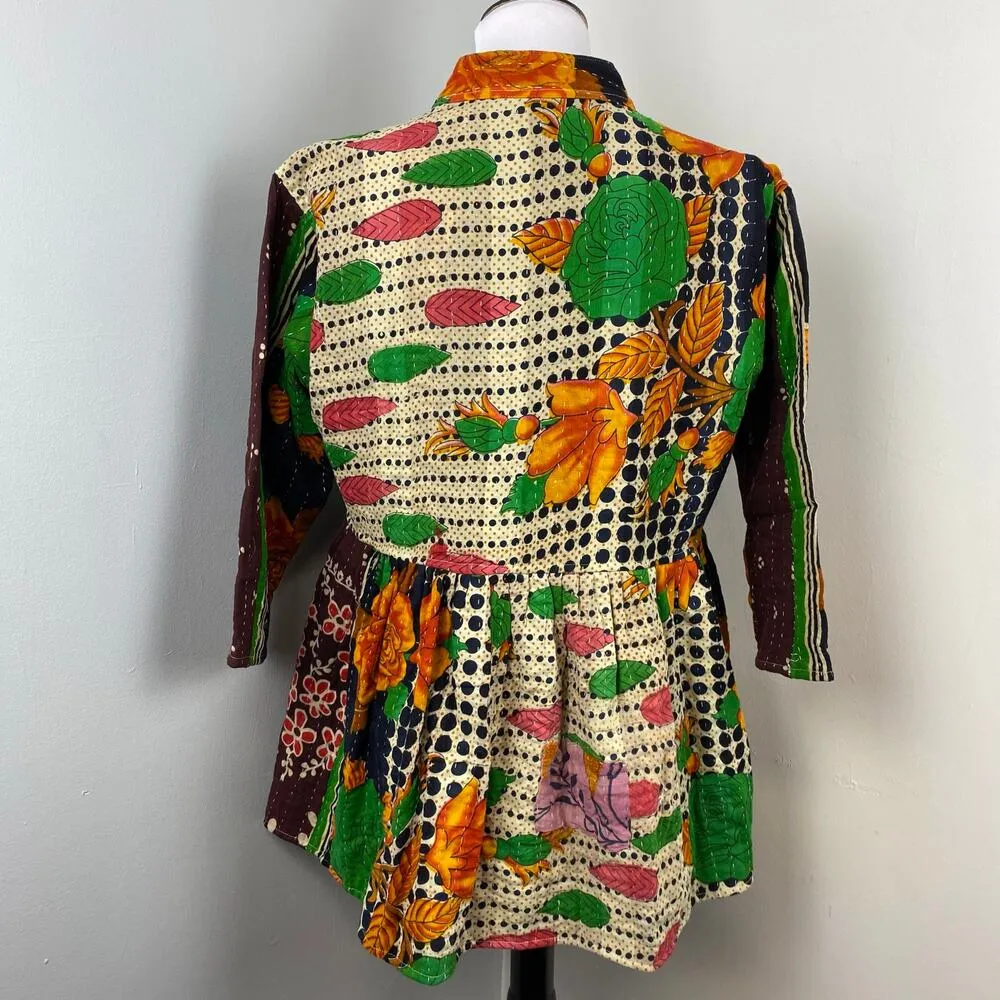 NEW Kantha Kediya Boho Peplum Reversible Cotton Jacket Unique Frock M/L Trendy Green Size M - Image 10