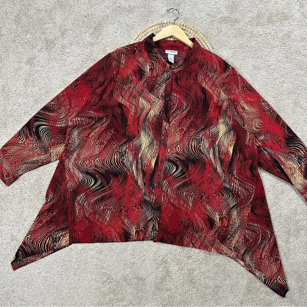 Catherines Collared Button-Up Top Blouse Asymmetric Artsy Boho Red Plus Size 3X - Image 6