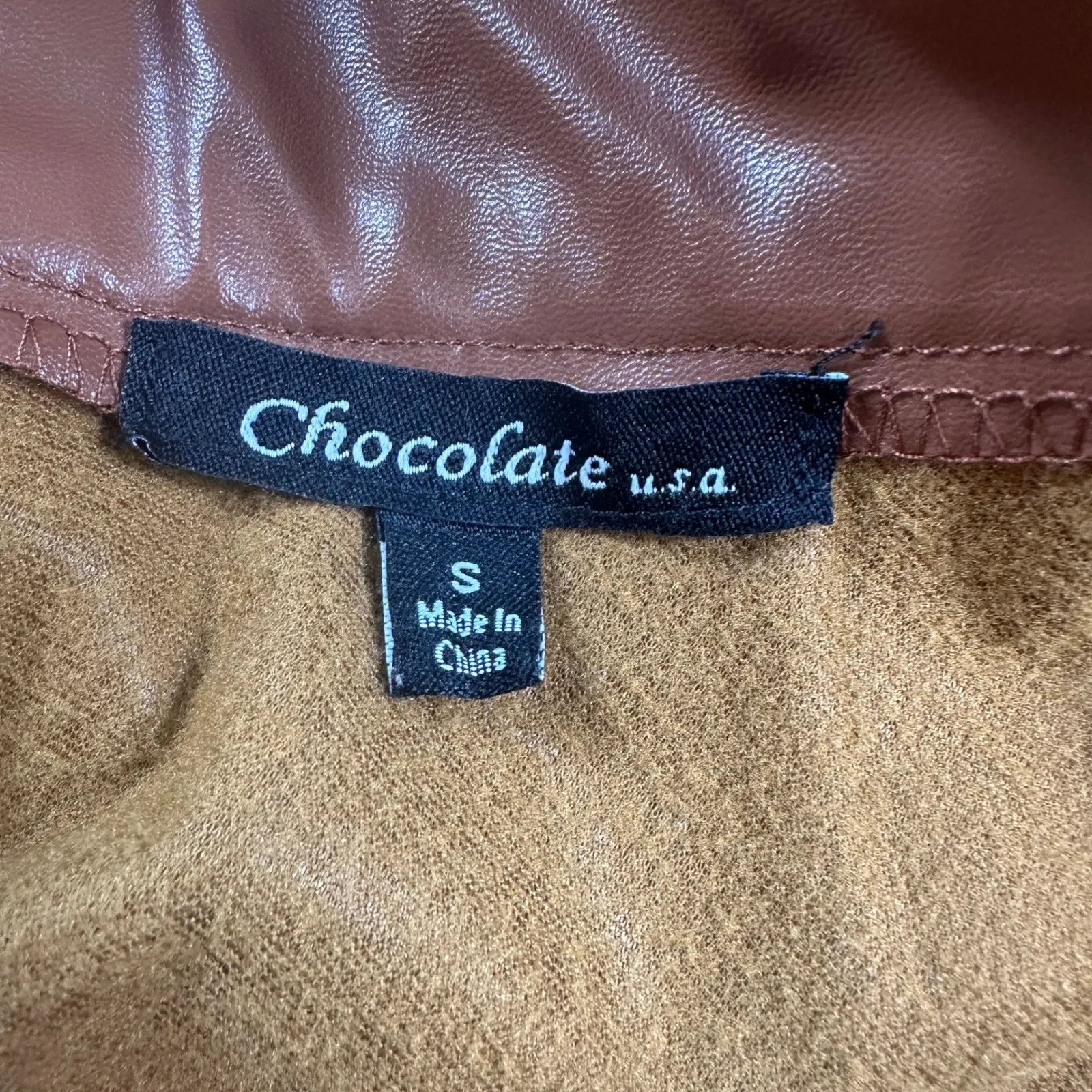 Chocolate USA Faux Leather Mini Skirt Small Brown A Line Back Zipper High Waist - Image 4