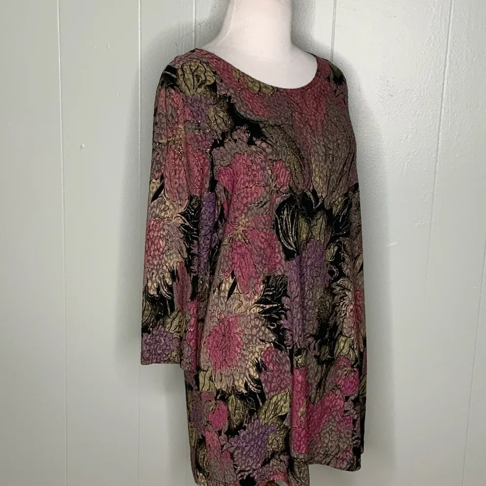 Maggie Barnes 3/4 Sleeve Round Neck Plum Black & Gold Sparkle Tunic 0X - Image 2
