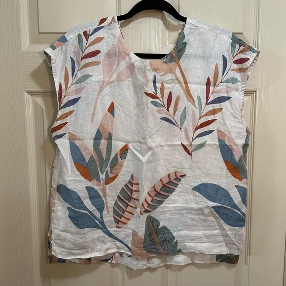 Women’s Cynthia Rowley 100% linen blouse short sleeve button back floral size L - Image 1