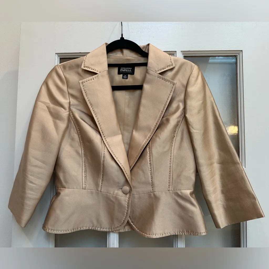 Adrianna Papell Occasions Silk Gold Metallic Formal Blazer Jacket Size 2P Petite - Image 11