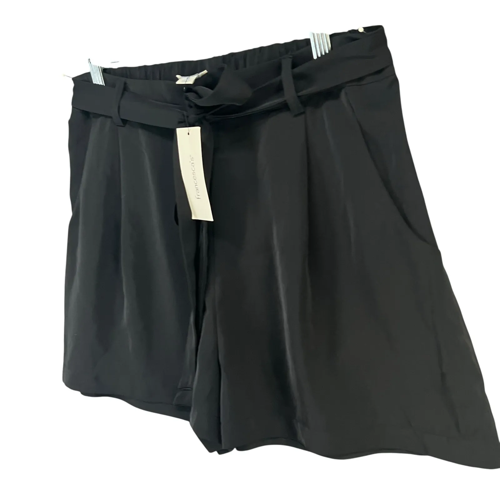 Francesca Blue Rain Shorts Women M Black Satin Tie Waist Pockets Modern Boutique - Image 2