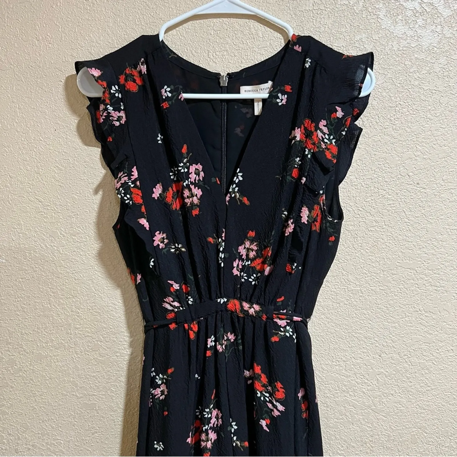 Rebecca Taylor black red floral ruffle v neckline silk dress 8 - Image 4