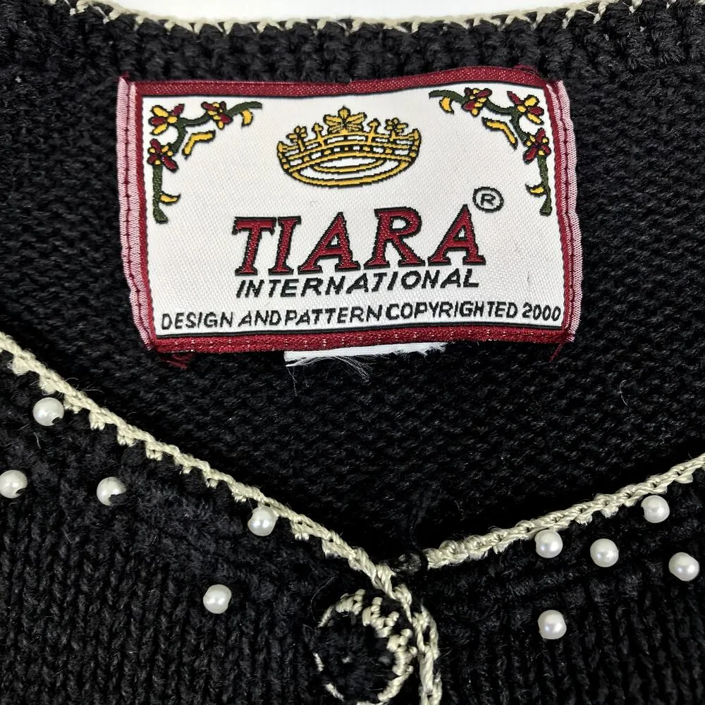 TIARA Vintage 90s Embroidered Knit Cardigan Women L Black Retro Unique Old Money Size L - Image 8