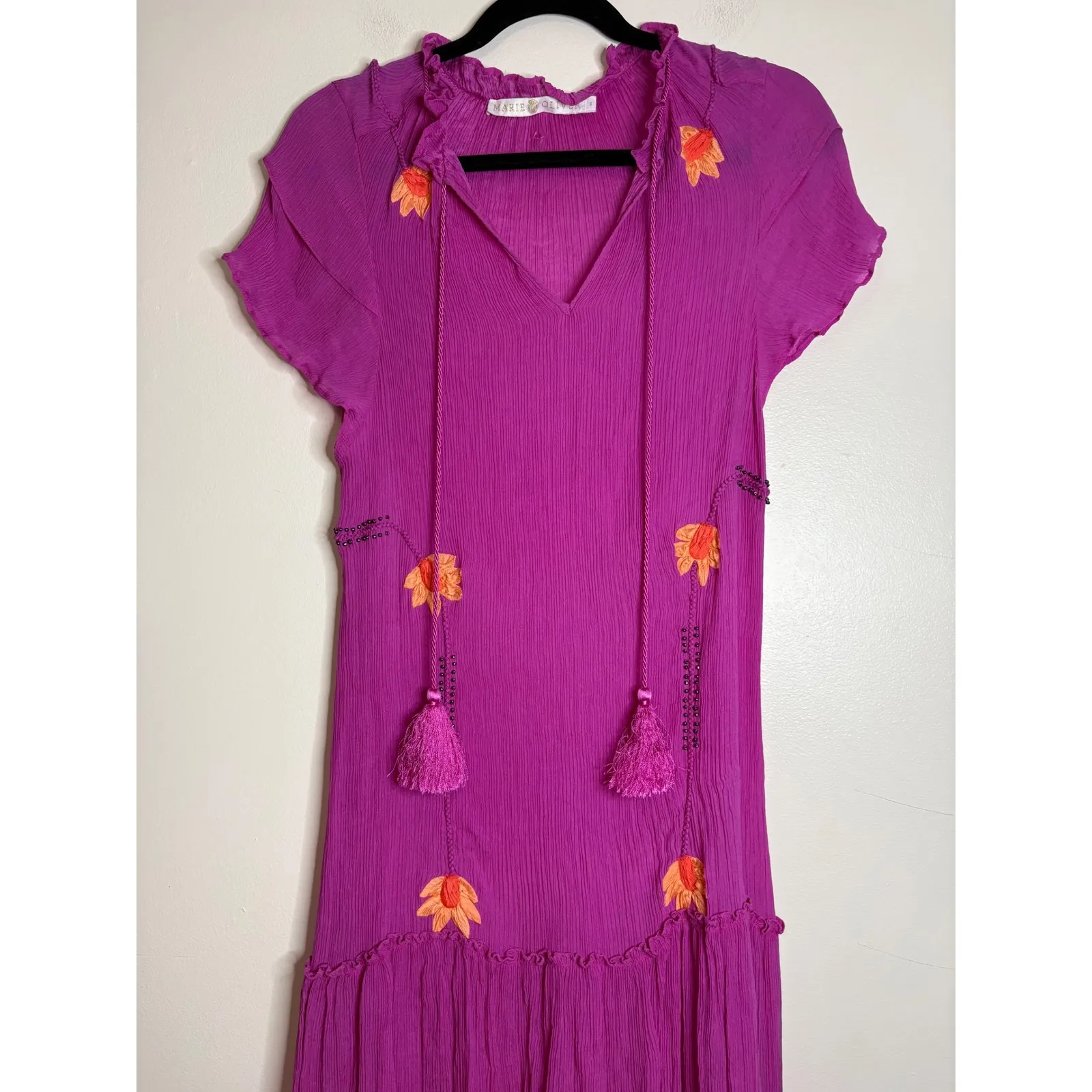 Marie Oliver Silk Magenta Embroidered Tassel Maxi Dress Boho - Image 2