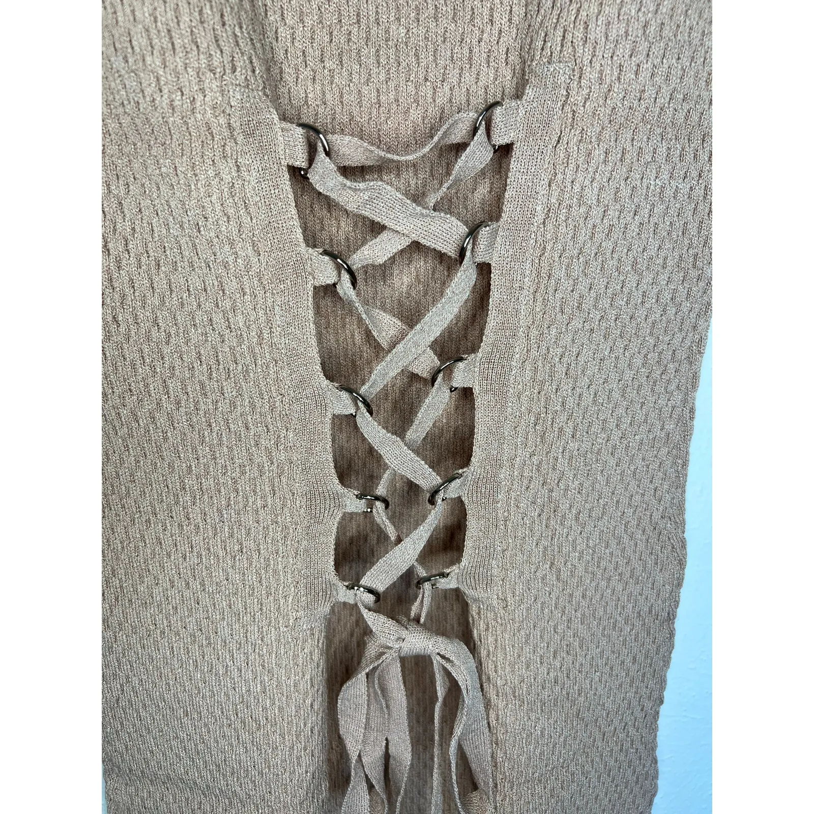 Endless Rose Bodycon Midi Taupe Sweater Dress Lace-up Back Sz Large - Image 10