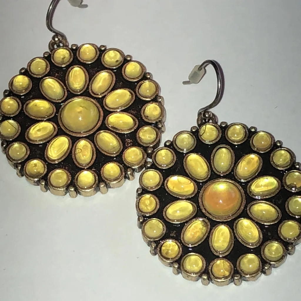Elegant Brass Tone Yellow Floral Boho Earrings - Image 2
