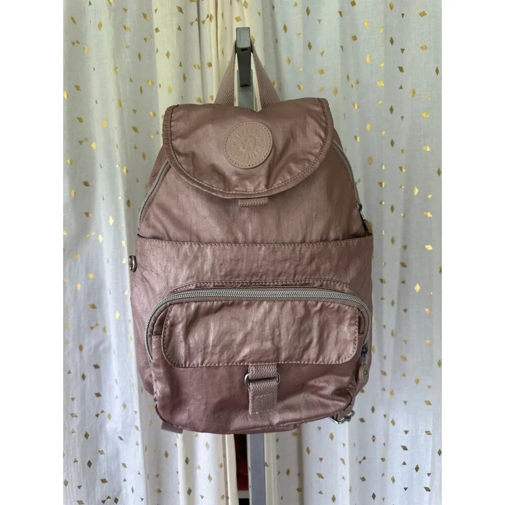Kipling Metallic Rose Gold Durable Nylon Water Resistant Queenie Small Backpack - Image 2