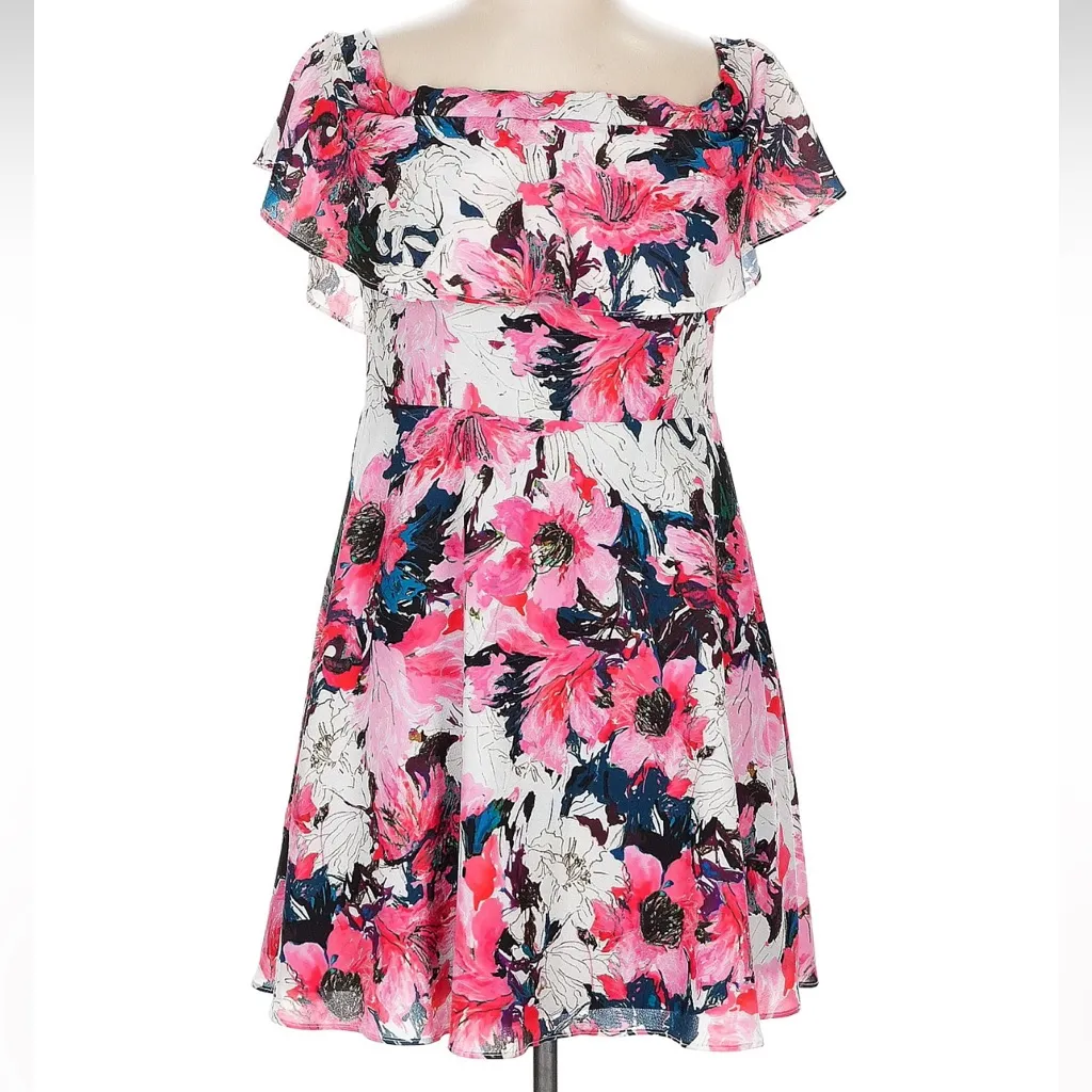 Black Halo Penelope Mini Dress Off Shoulder Ruffle Floral Garden Size 12 Large - Image 3