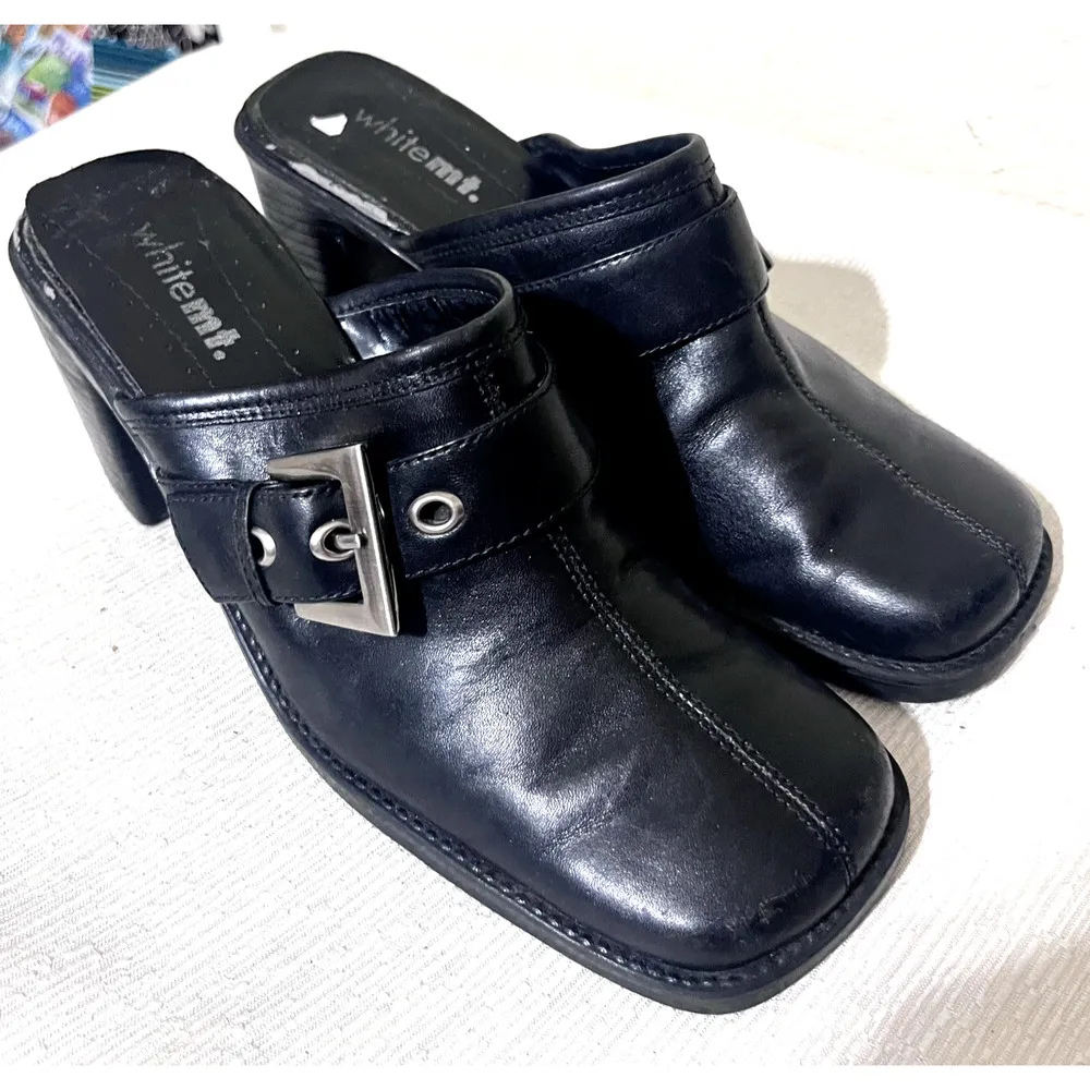 White Mountain Black Leather Heels Buckle Clogs Slip On Shoes Size 8M Career - Image 2