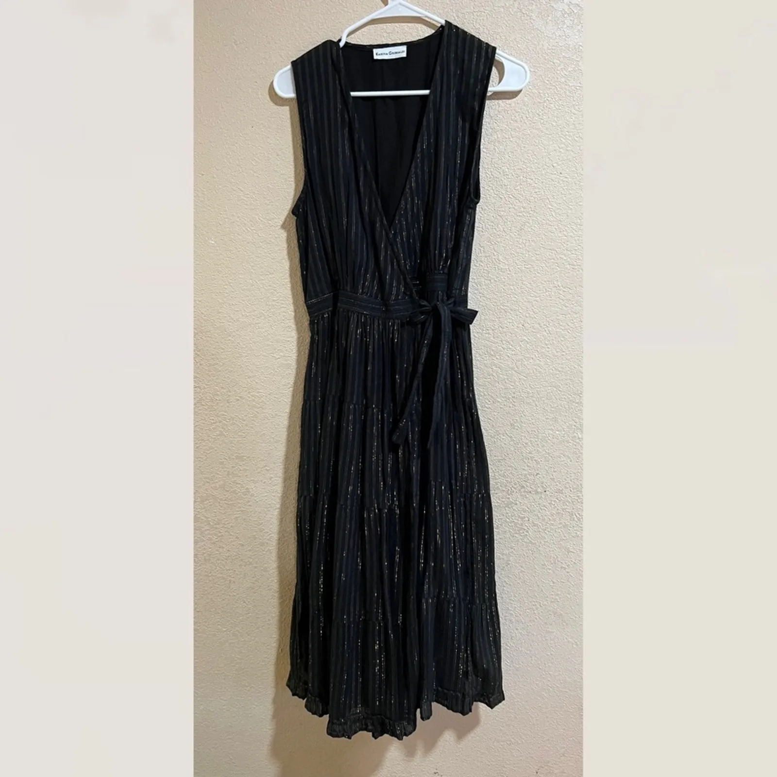 Karina Grimaldi Fannie black gold striped sleeveless wrap midi dress Small - Image 2
