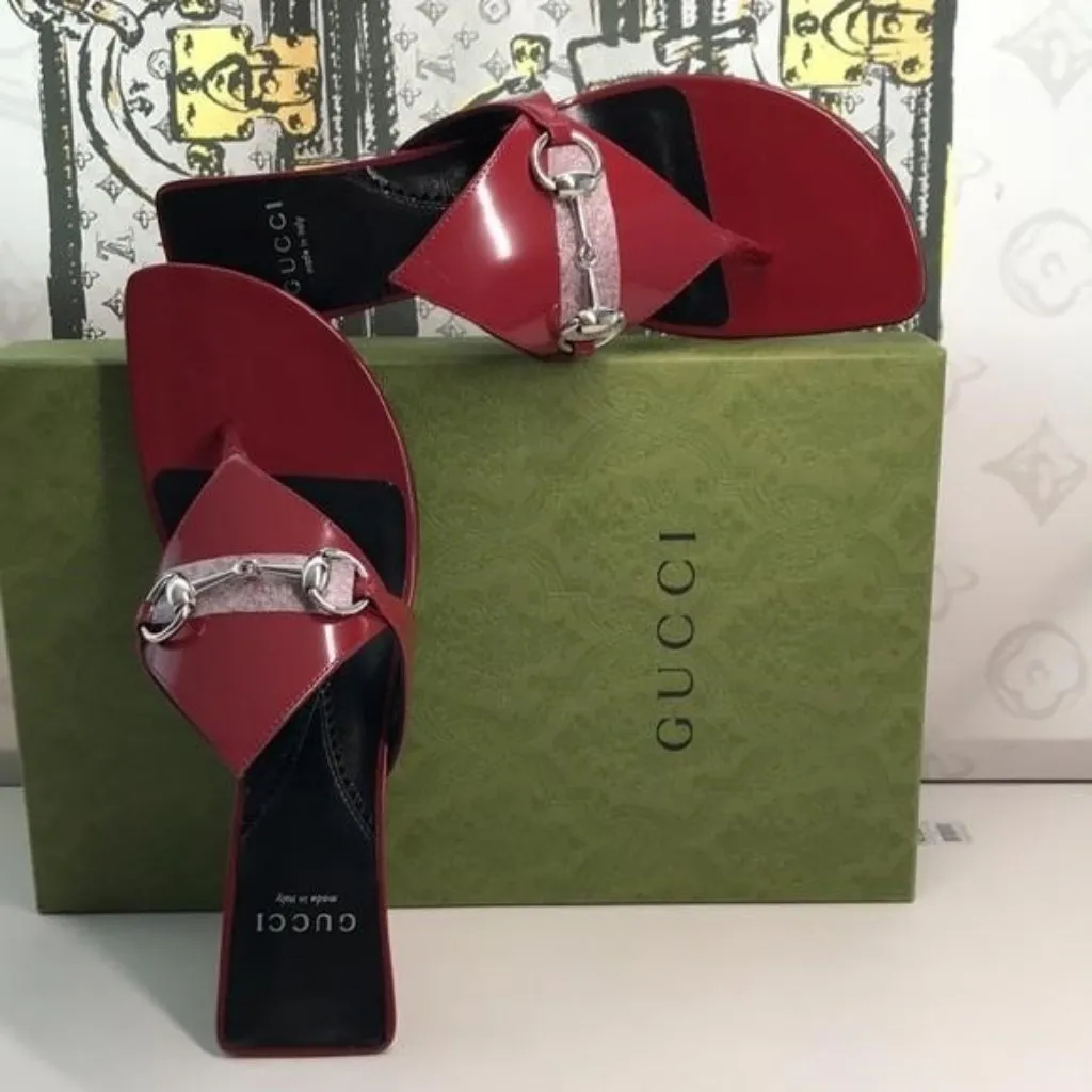 New Authentic Gucci Horsebit Kitten Heel Flip Flop – Red/Silver - Image 6