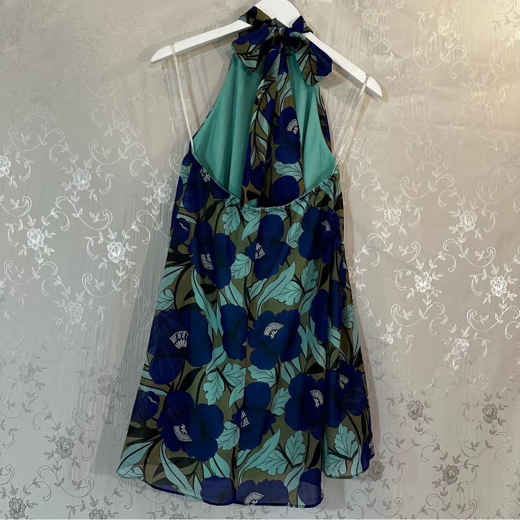 Judith March Indigo Poppy Halter Tie Neck Mini Dress Blue and Green Size Small - Image 7