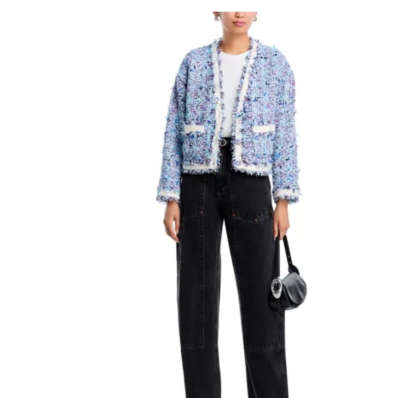 AQUA Ribbon Tweed V Neck Jacket Small Blue NEW Career Colorful Party Boho Spring - Image 12