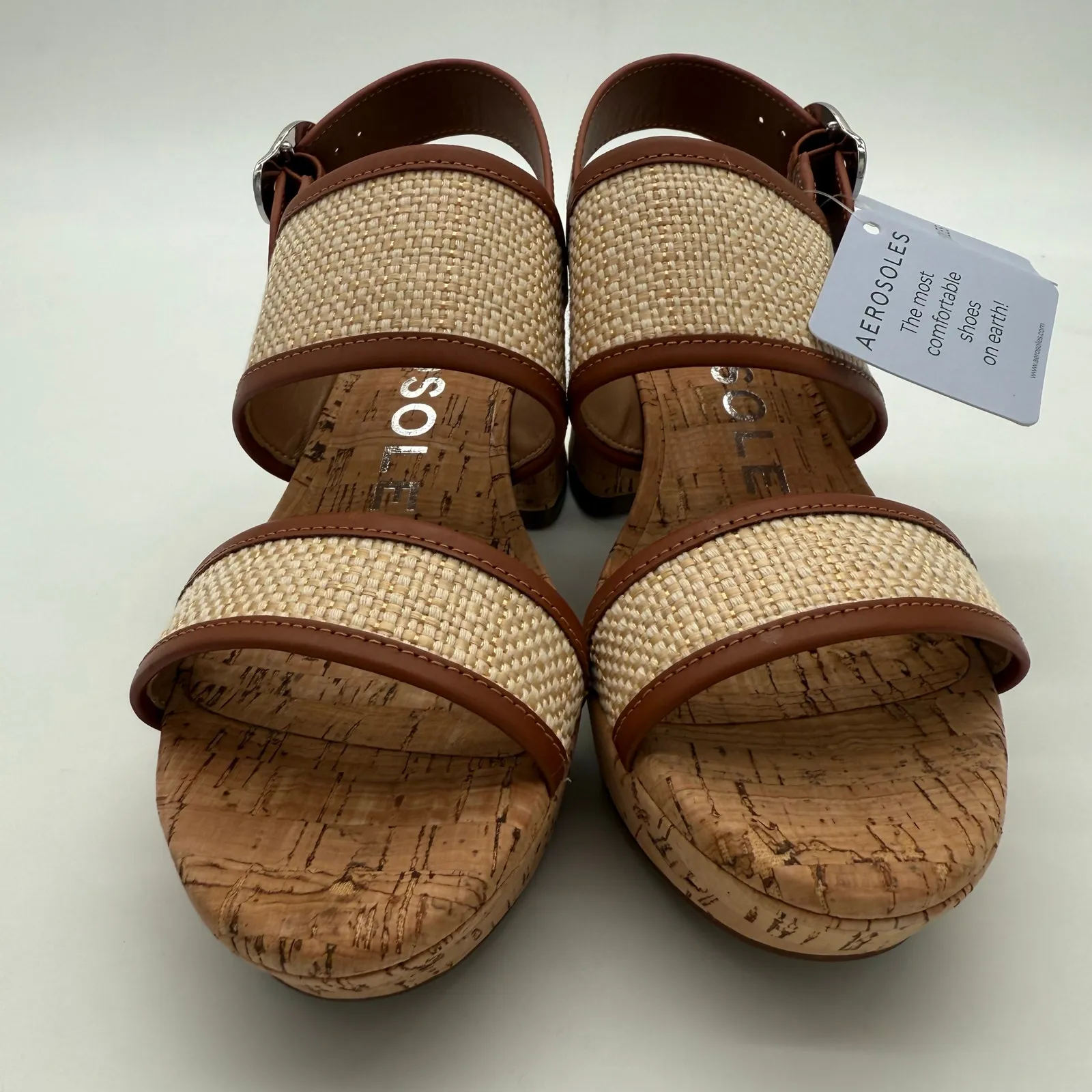 Aerosoles Camera Comfort Sand Raffia Cork Leather Platform Sandals Chunky NWB 6 - Image 4