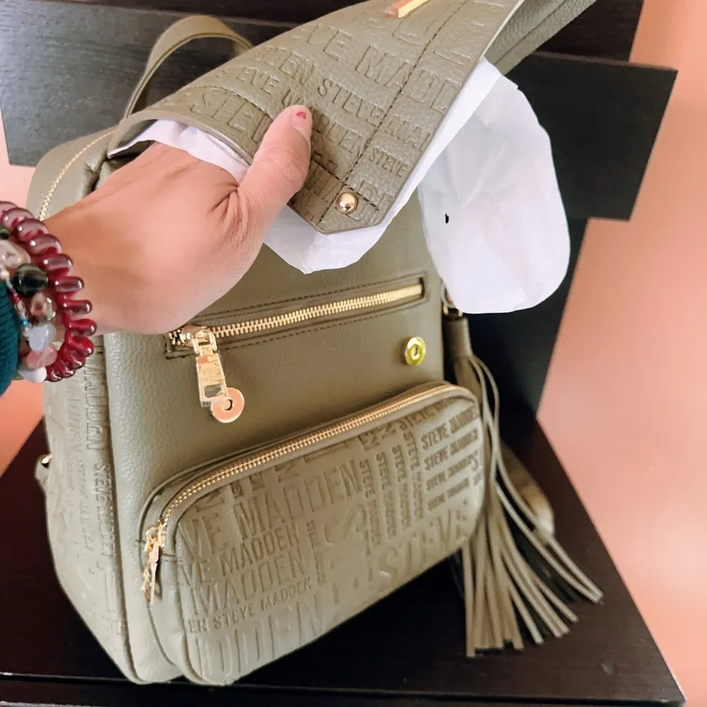 Steve Madden  DR126400 OLIVE BTAMPAA Logo EMBOSSED soft LEATHER BACKPACK Tassel - Image 6
