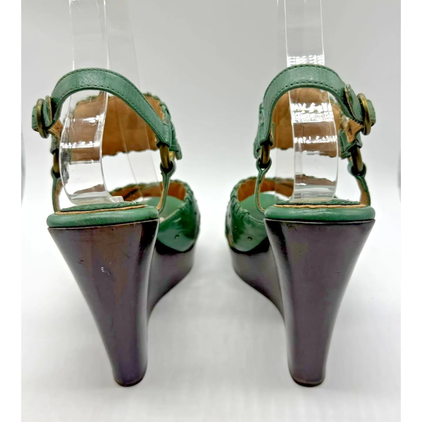 Frye Piper X Strap Wedge Shoes Womens Size 7M Green Leather Studded Sandals Heel - Image 4