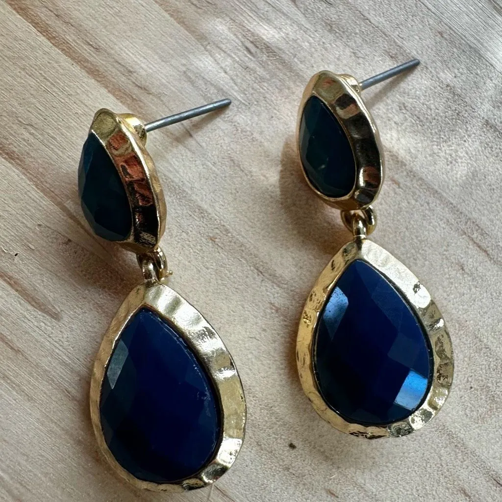 Talbots Gold Tone Navy Blue Teardrop Dangle Earrings - Image 3