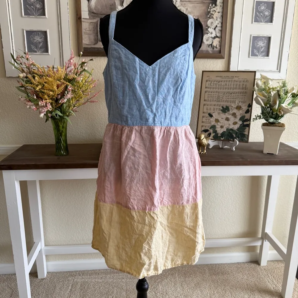 Colorblock Cottage Linen Sundress Cynthia Rowley Medium Blue Pockets Midi Dress - Image 2