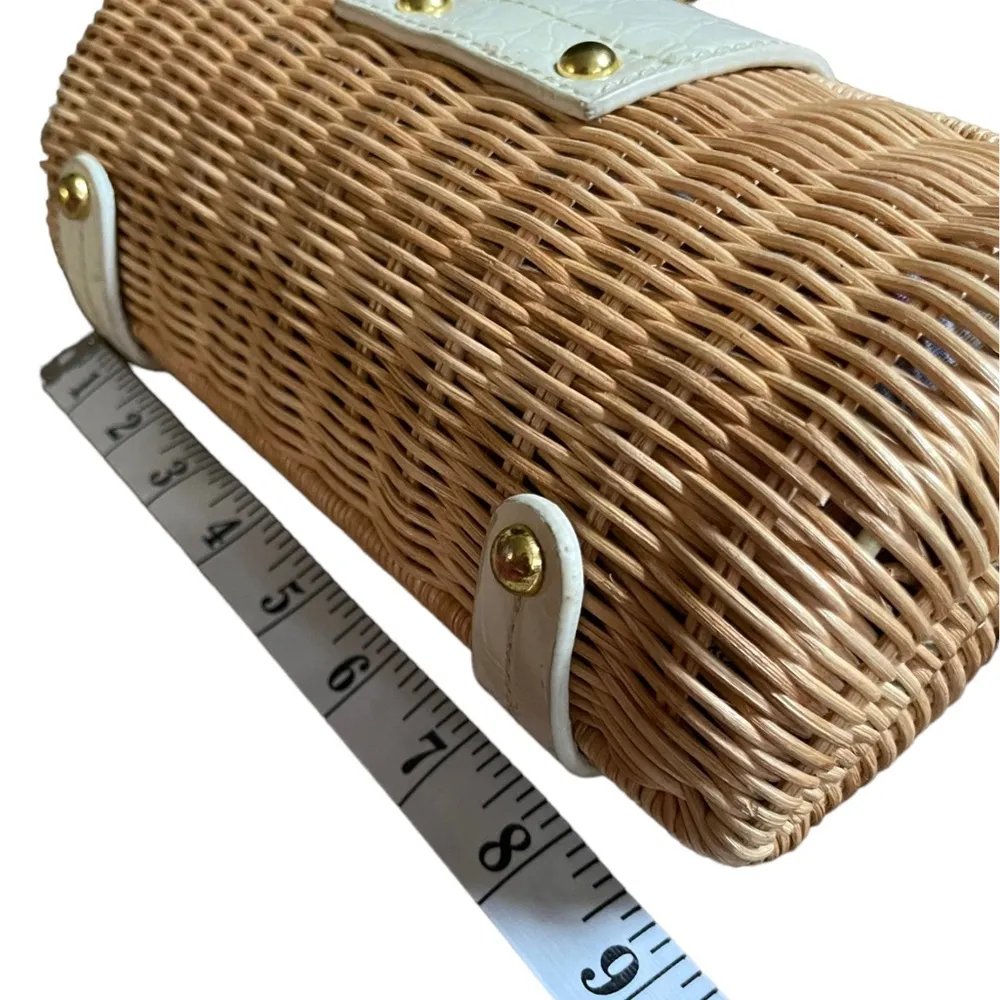 Vintage Woven Wicker Handbag Made In British Hong Kong w/ Leather Trim & Handles Tan - Image 5