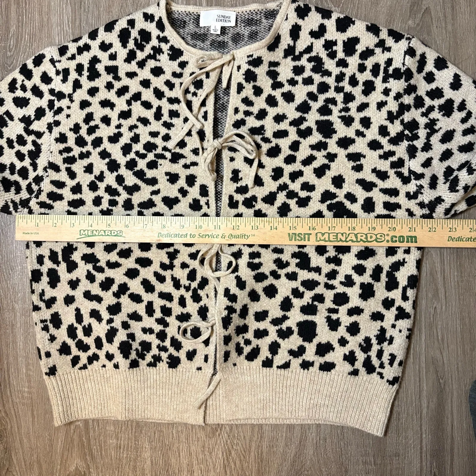 Sunday Edition Leopard Print Tie Front Cardigan Size L Coquette Bow Knit Tan Size L - Image 9