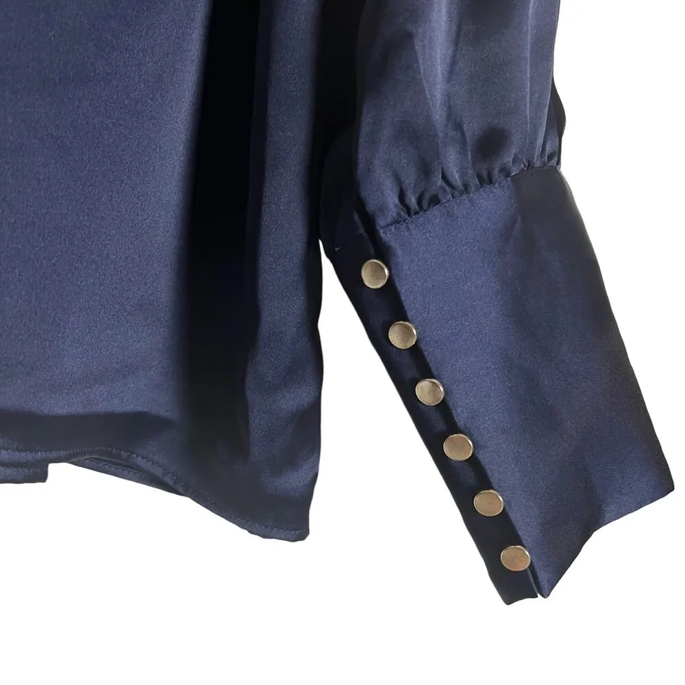 Rachel Zoe Navy Blue Satin V-Neck Long Button Sleeve Blouse Size Large - Image 10