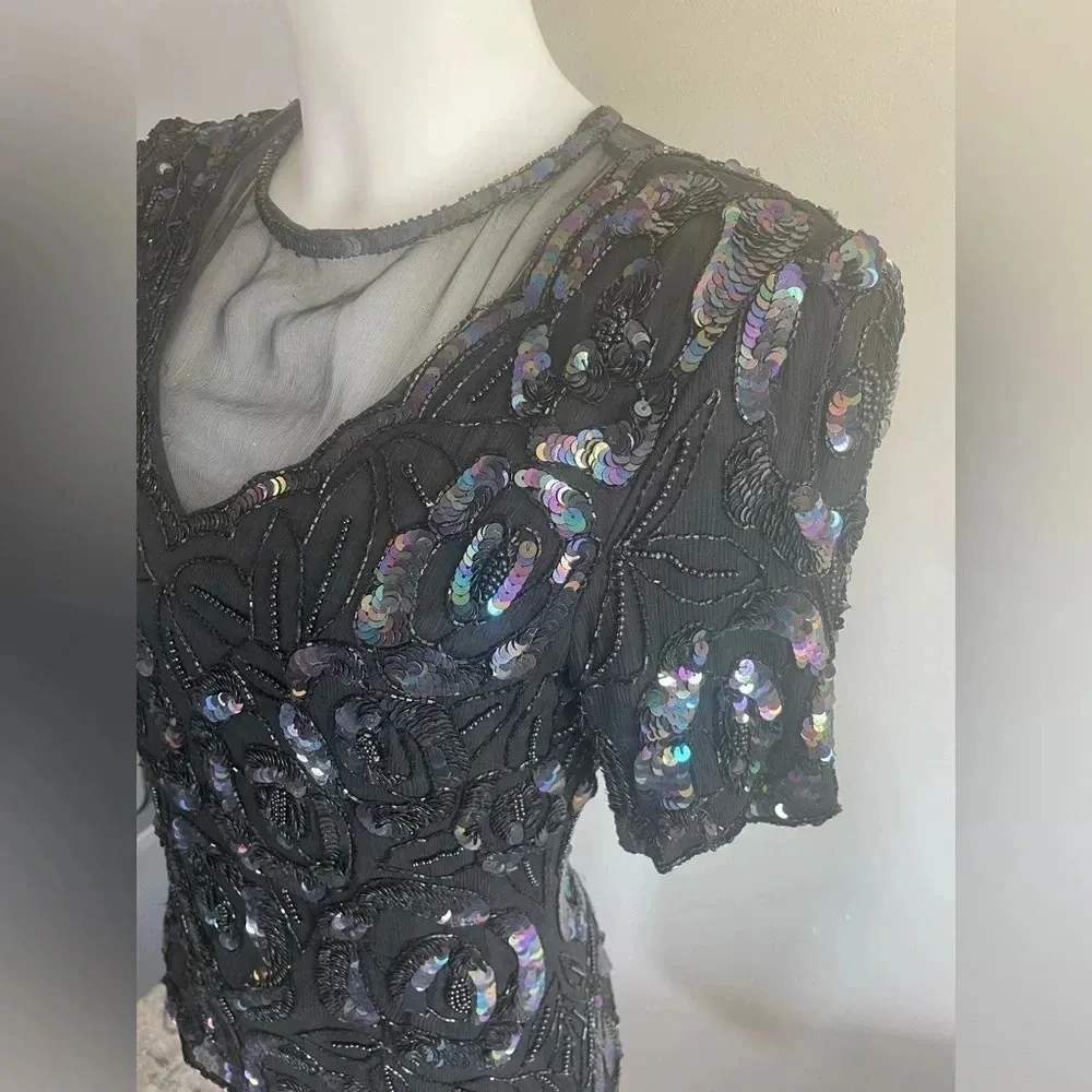 VTG 80’s Laurence Kazar Black Silk Rainbow Iridescent Sequin Rose Mesh Top M 176 - Image 2