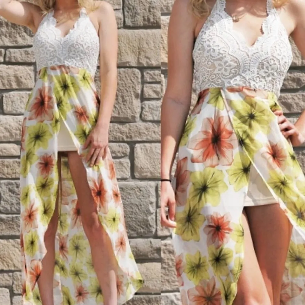 ‎Floral Lace Halter Flyaway Dress Yellow Size L - Image 2