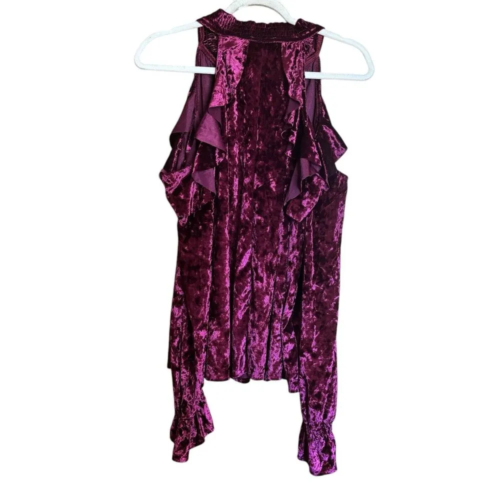 Umgee Top Womens Large Burgundy Crushed Velvet Ruffle Cold Shoulder Blouse - Image 5