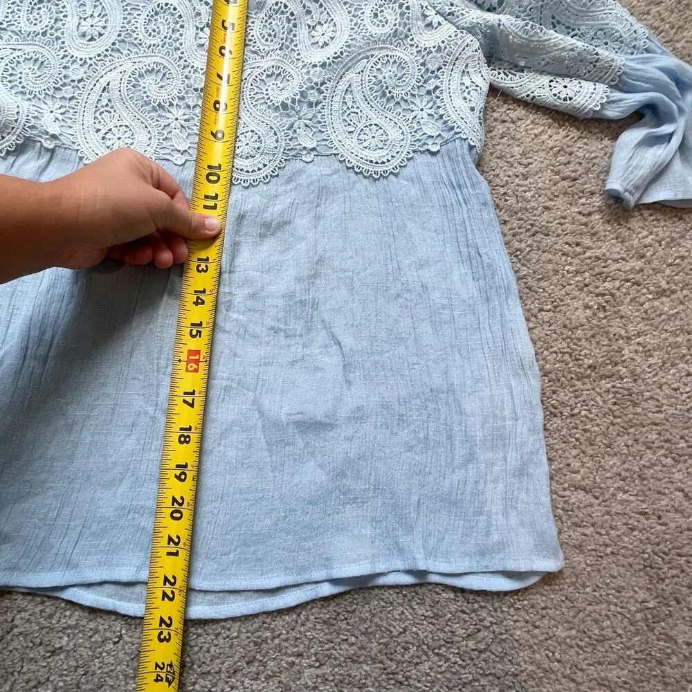 VTG Womens Top Eyelet Tunic French Lace Cottagecore Cozy Bell Sleeves Prariecore Blue Size M - Image 7