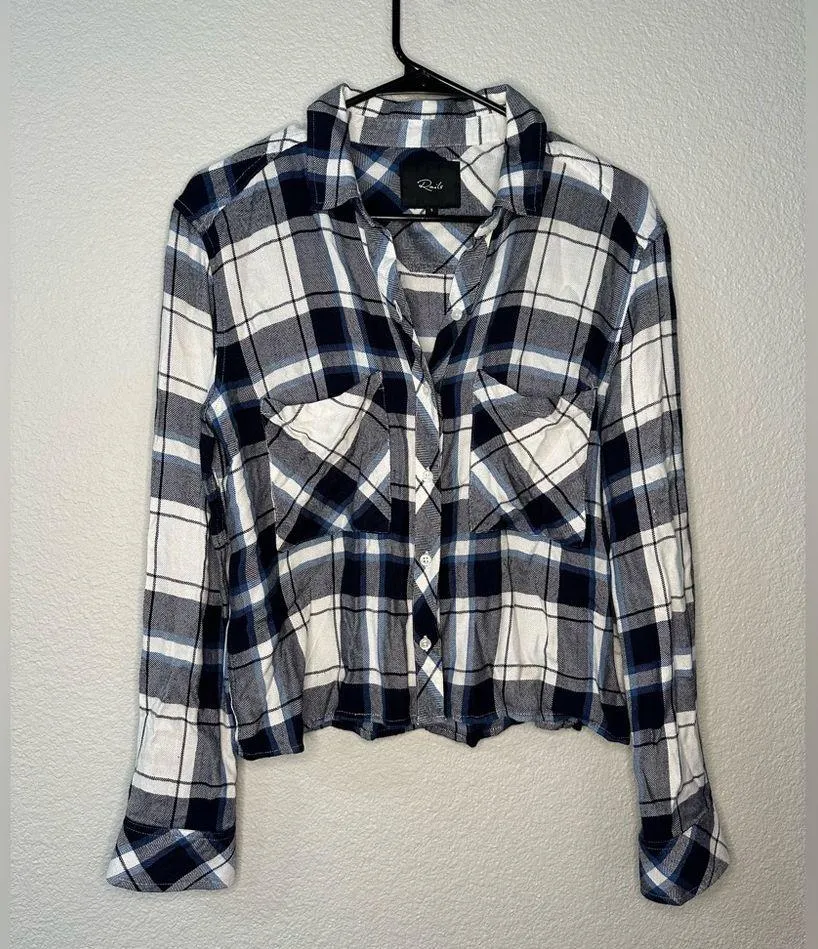 Rails Women's Dylan Shirt Oxford Blue Plaid Size S Cropped Button Front Pockets - Image 2