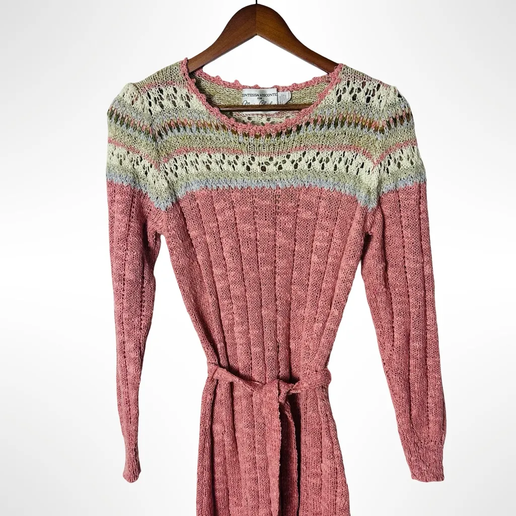 Vintage Pink Fair Isle Knit Sweater Dress Medium Tie Waist Cottagecore - Image 2