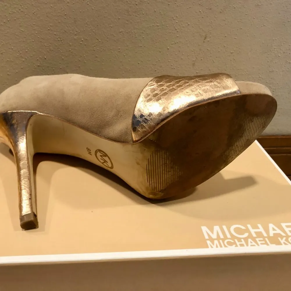 Michael Kors Suede Bronze Metallic Leather Shoes Pumps Event Wedding Party Sz 8 Tan - Image 7