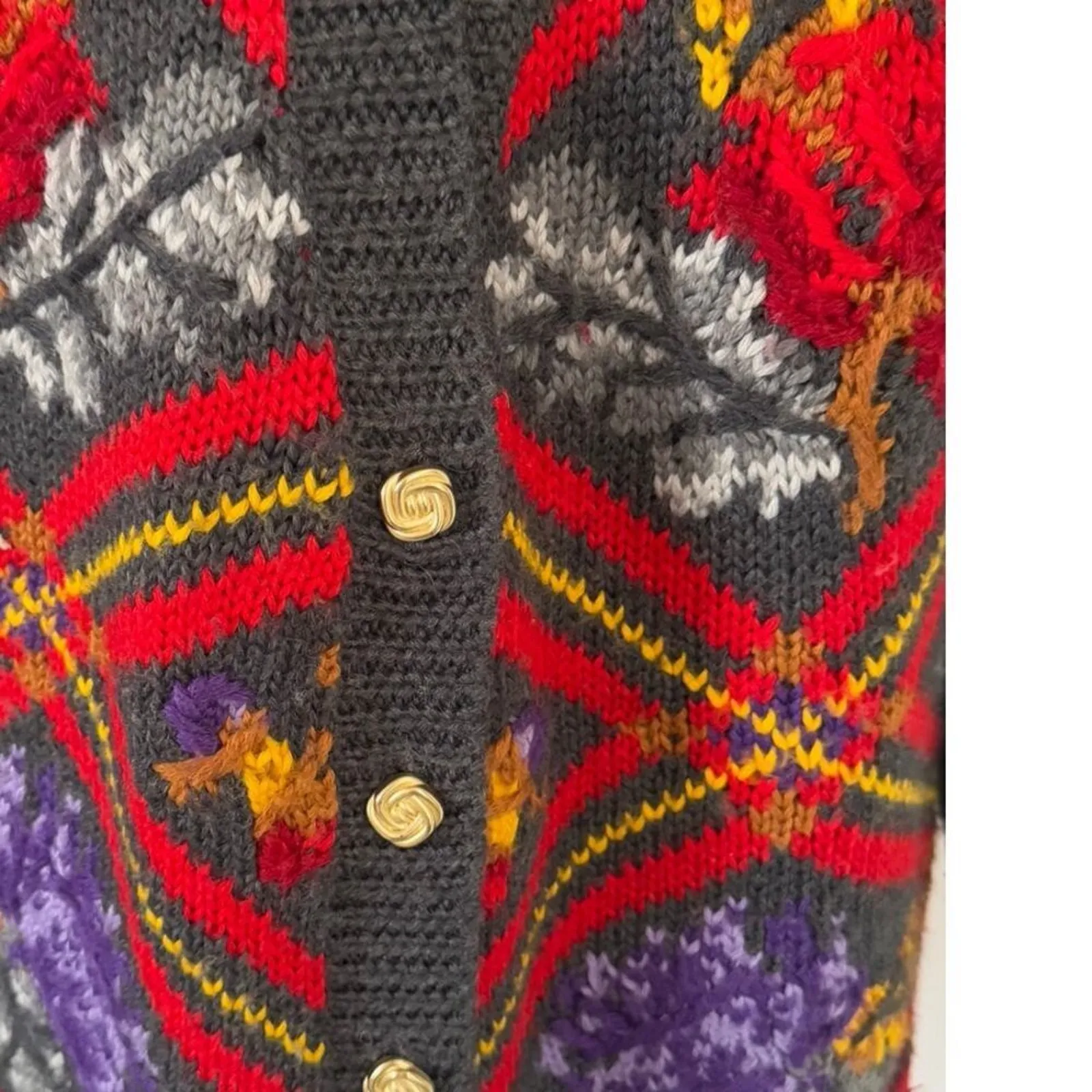 Vintage SK & Company Wool Blend Floral Duster Cardigan Sweater L Boho 80s Gray Size L - Image 4