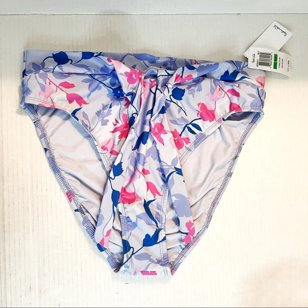 Splendid Floral Flurry Tie-Front Bikini Bottom High Leg Pant Sz L NWT Blue Pink - Image 6