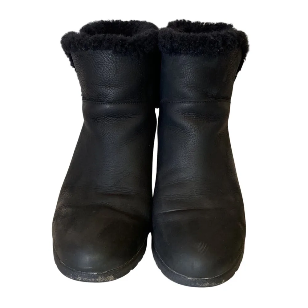 UGG Black Leather Suede Waterproof Wedge Fur Boots Size 10 - Image 3