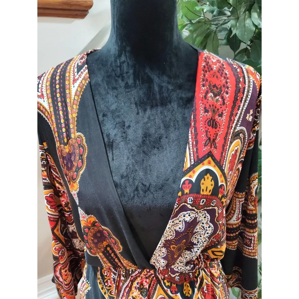 Cristinalove Black Paisley Polyester Long Sleeve Casual Knee Length Dress XL - Image 5