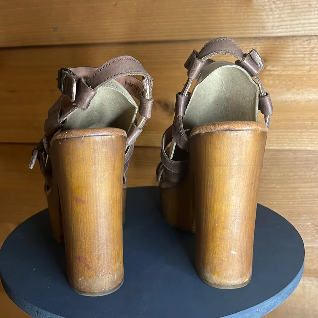 Musse & Cloud Malena Leather Platform Sandal Heel Shoe Brown Strappy Wood Buckle - Image 6