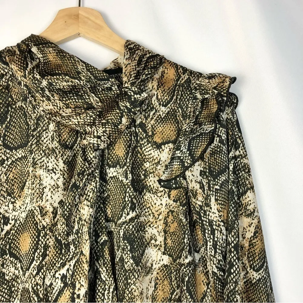 Zara Light Brown Snake Print Tie Neck Long Sleeve Blouse XS - Image 4