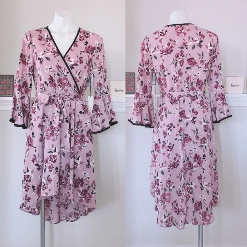 June & Hudson Bell Sleeve Dress Faux Wrap Floral Print Purple Black Size M NWT - Image 5