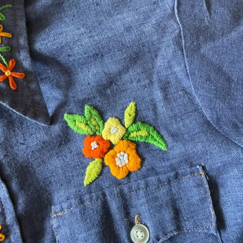 1970s Levis Orange Tag Embroidered Denim Button Down Shirt - Image 5