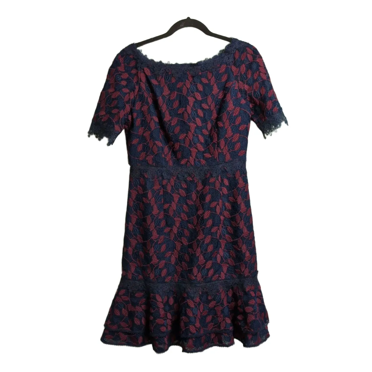 SHANI Navy Burgundy Embroidered Lace Flounced Hem Short Sleeve Sheath Dress 4 Blue - Image 2