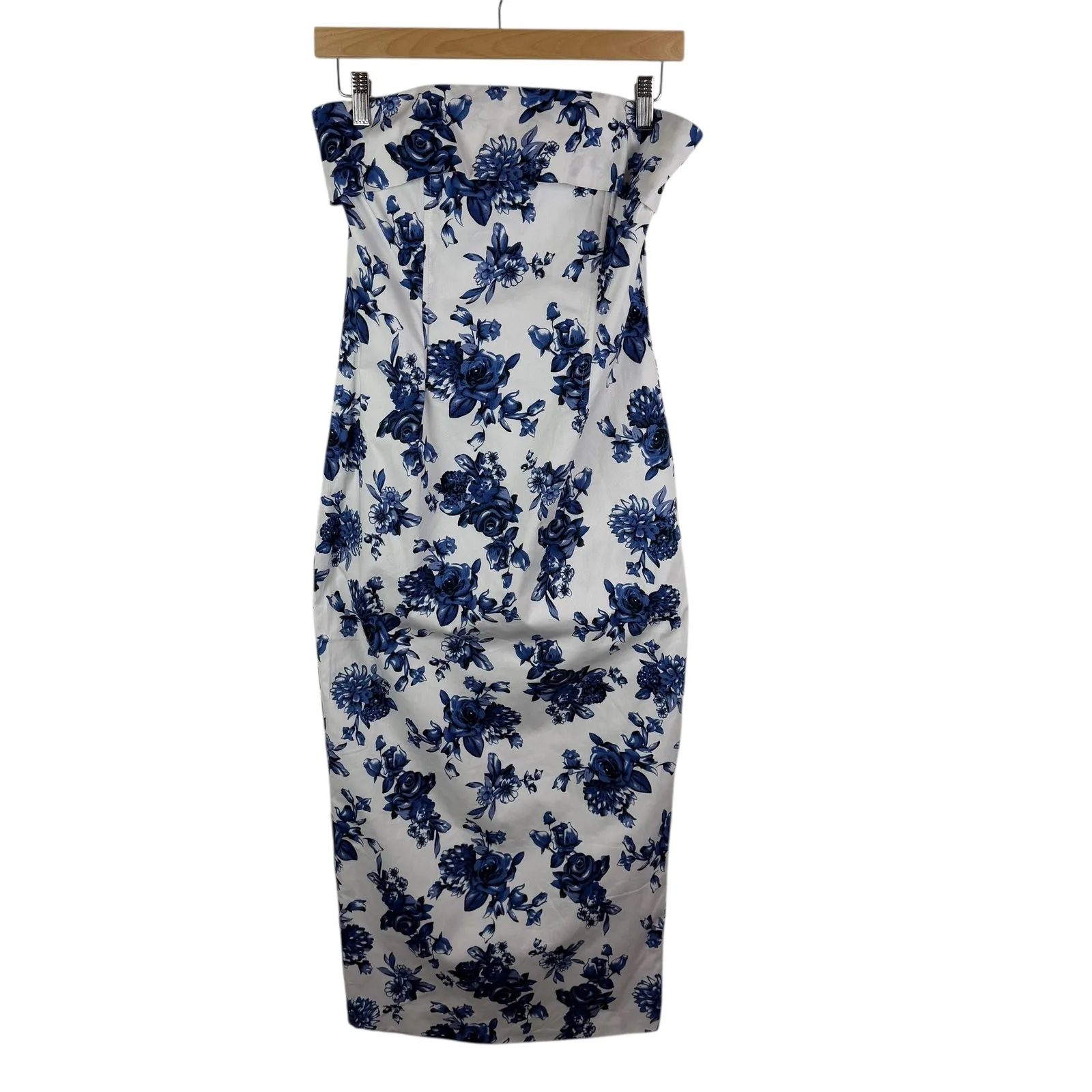 Mable Smitten Blue and White Strapless Midi Dress Medium Floral Cottage Wedding - Image 2