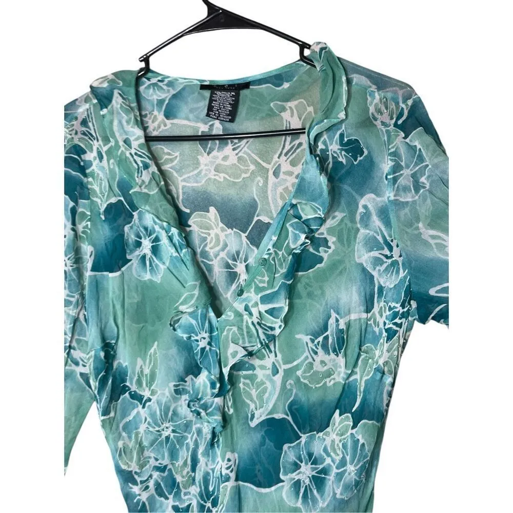 Vintage Y2K ECI New York Blue Floral Print Silk Chiffon Ruffle Collar Blouse Size - Image 2