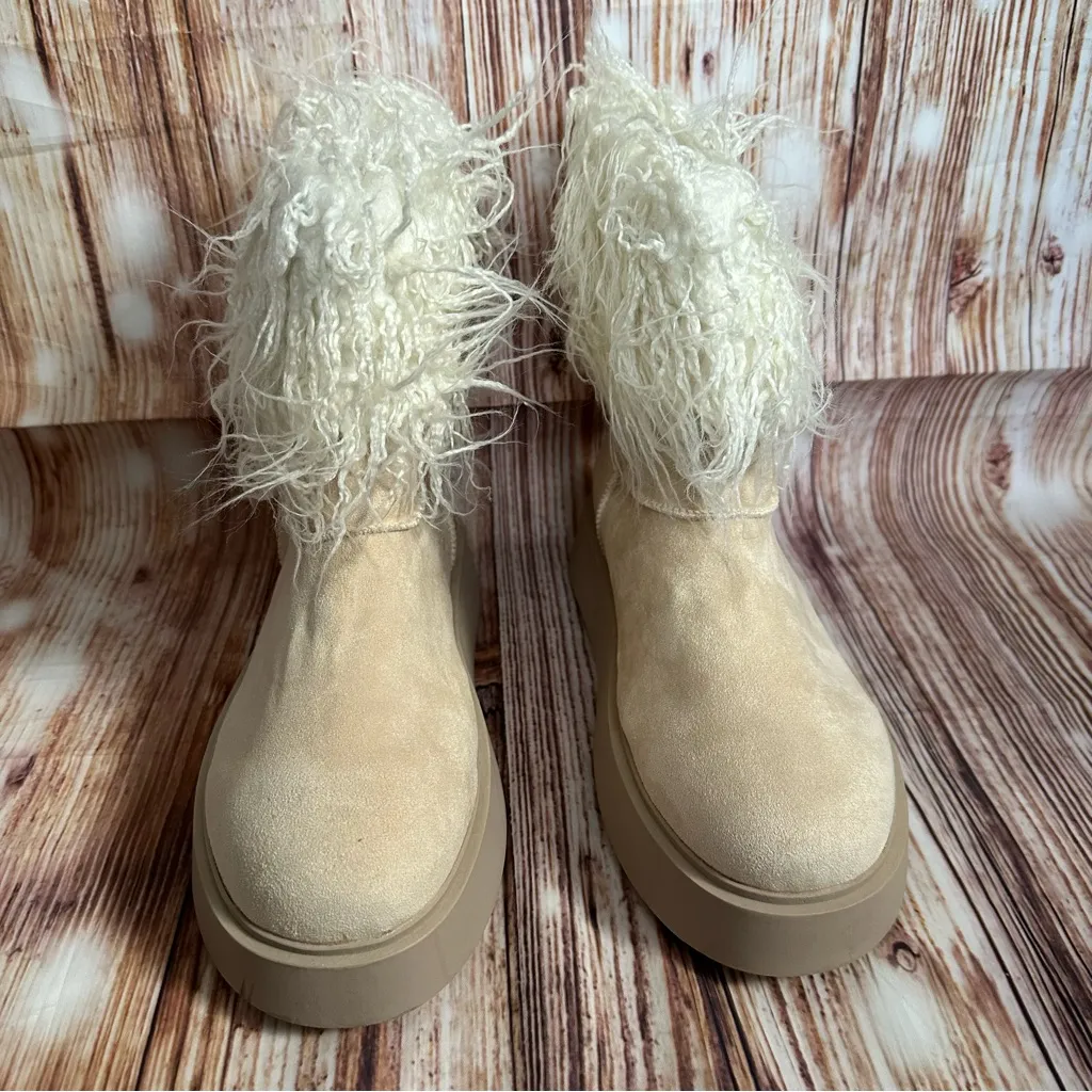 PRETTYLITTLETHING Cream Faux Suede Contrast Faux Fur Ankle Boot Size 9 - Image 2